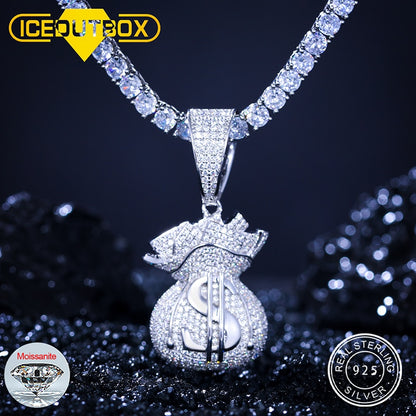 New D Color VVS Moissanite Lucky Money Bag Pendant Necklace 925 Sterling Silver Women Men's Hip Hop Rock Jewelry Rich Jewelry