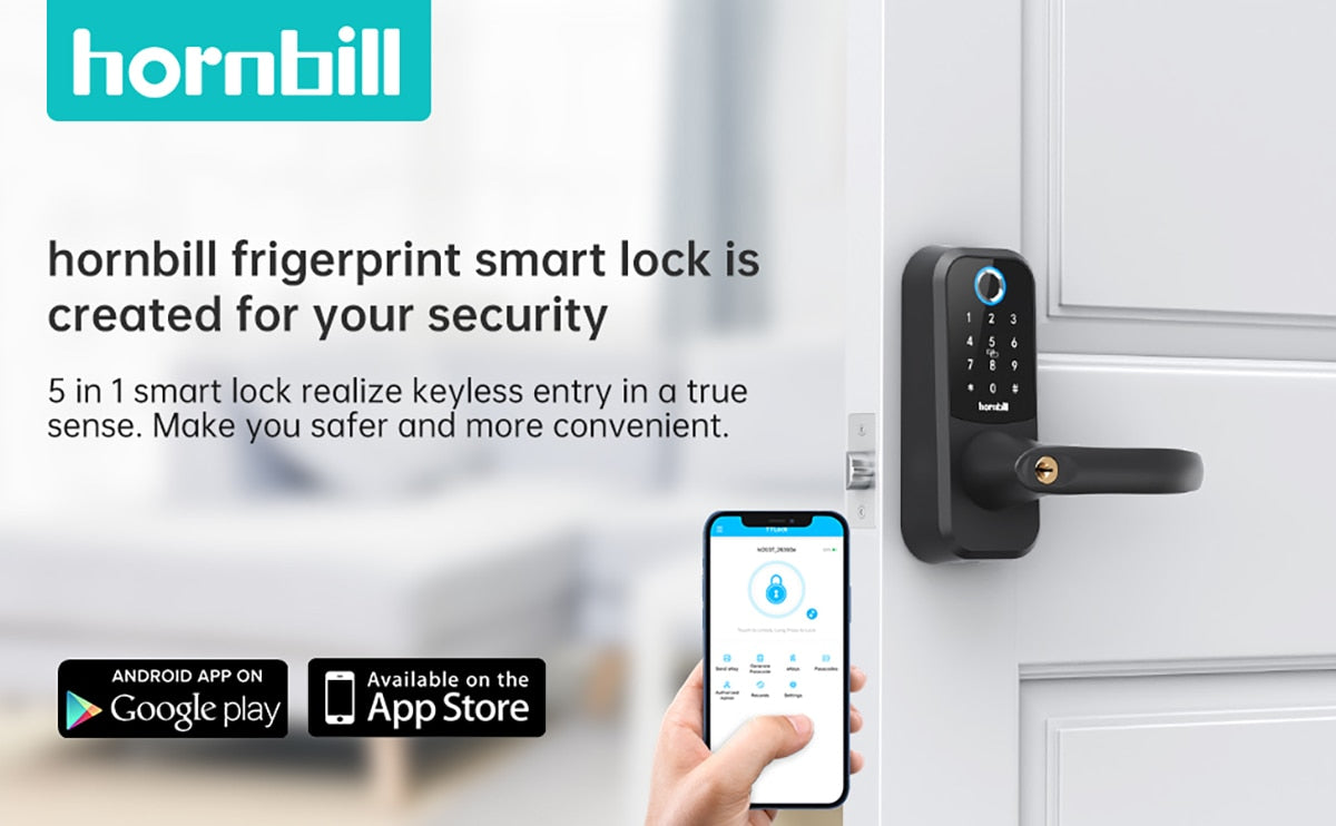 Hornbill Bluetooth Electronic Biometric Fingerprint Smart Door Lock Handle Locks Keyless Entry Smart Home Security Protection