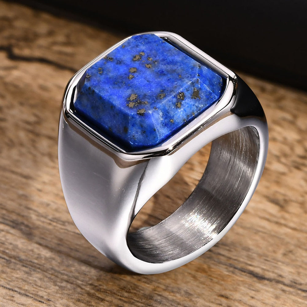 Stylish Square Natural Stone Signet Rings for Men Stainless Steel Metal Finger Ring Gift Jewelry