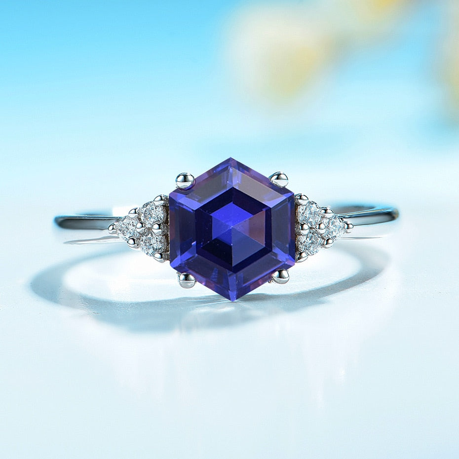 Hexagon London Blue Topaz Gemstone Ring for Women Solid 925 Sterling Silver Tanzanite Morganite Jewelry for Engagement