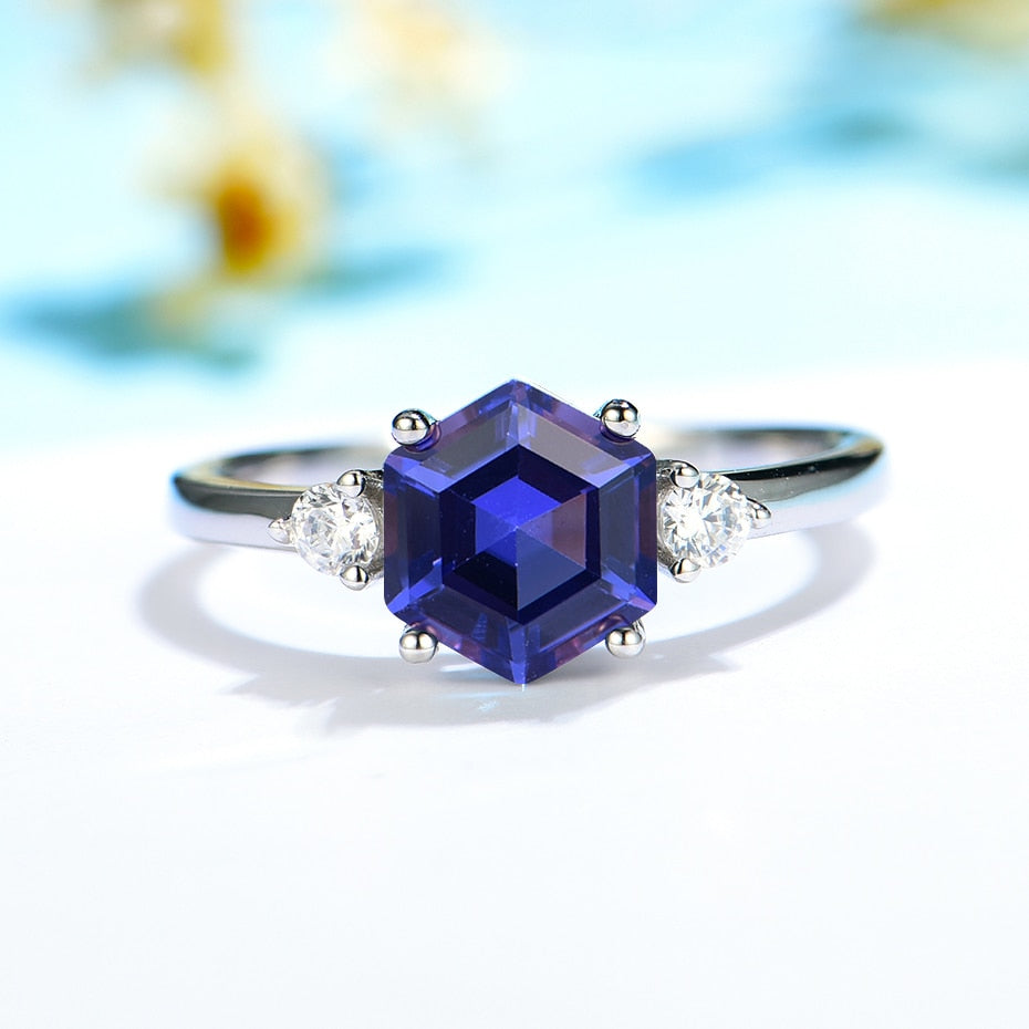 Hexagon London Blue Topaz Gemstone Ring for Women Solid 925 Sterling Silver Tanzanite Morganite Jewelry for Engagement