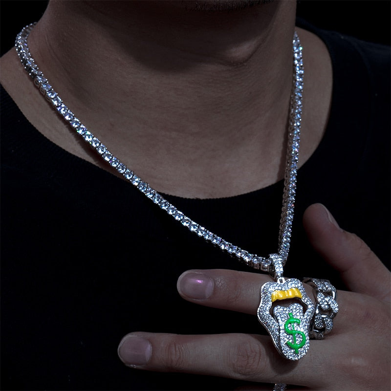 Hip Hop Iced Out Moissanite Sexy Mouth Lip Dripping Money Dollar Pendant 925 Silver Glowing In Dark Men Women Jewelry