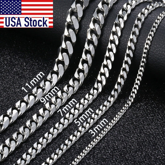 3/5/7/9/11mm Mens Silver Color Necklace Stainless Steel Cuban Link Chain for Mens Womens Basic Black Gold Tone Chokers KNM07