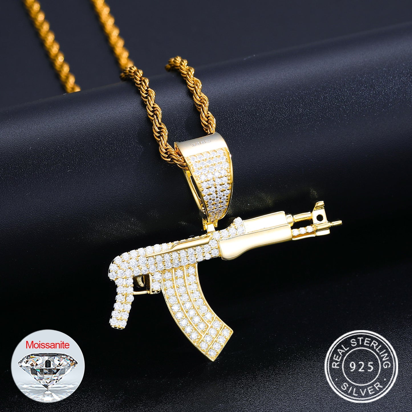 925 Sterling Silver Submachine Gun Pistol Pendant Sparkling Full Moissanite Diamond For Men Rapper Jewelry Trend Gifts