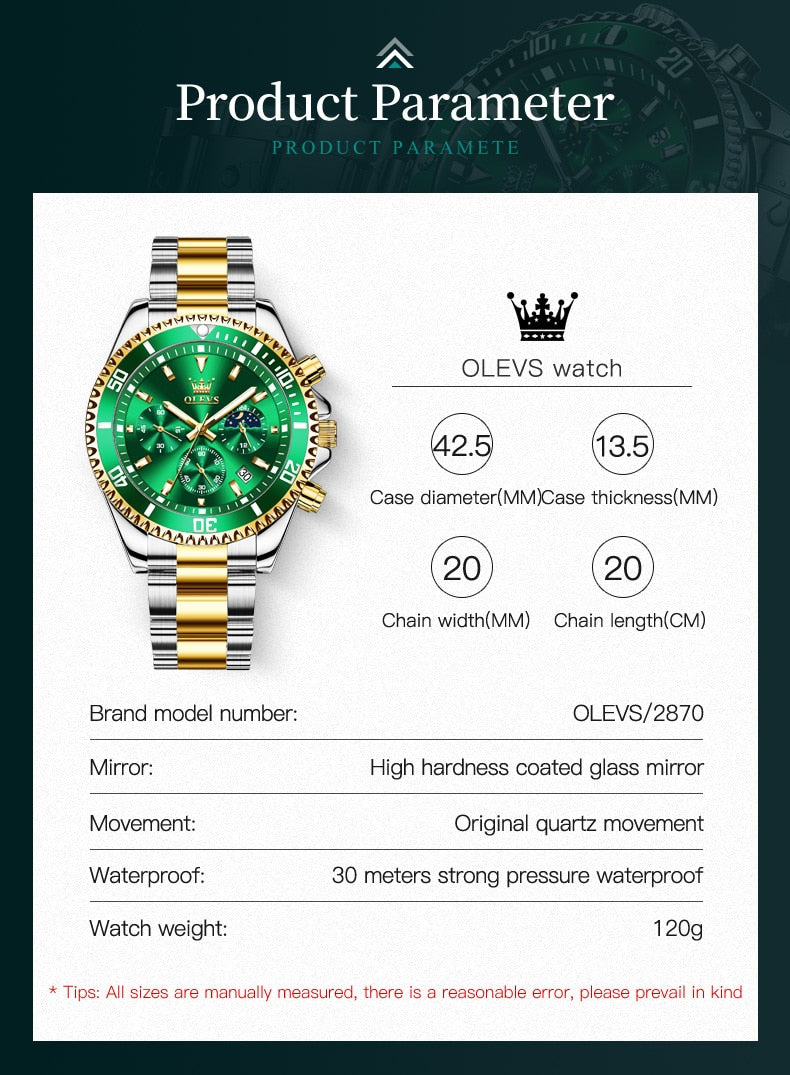 OLEVS Men Watch Stainless Steel Waterproof Luiminous Business Fashion Luxury Men's Watch Date Moon Phase Quartz Watches For Men