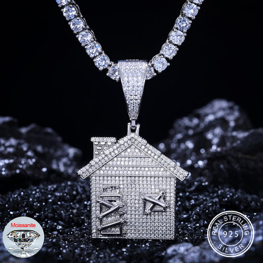 925 Sterling Silver Iced Out Moissanite House Pendant Necklace Classic Blocked Door Pendant For Men Trendy Hip Hop Women Jewelry