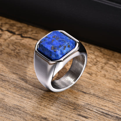 Stylish Square Natural Stone Signet Rings for Men Stainless Steel Metal Finger Ring Gift Jewelry