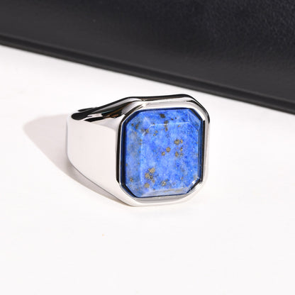 Stylish Square Natural Stone Signet Rings for Men Stainless Steel Metal Finger Ring Gift Jewelry