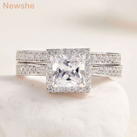 2Pcs Genuine 925 Sterling Silver Wedding Ring Set Classic Jewelry 0.8 Ct Princess Cut AAAAA CZ Engagement Rings for Women