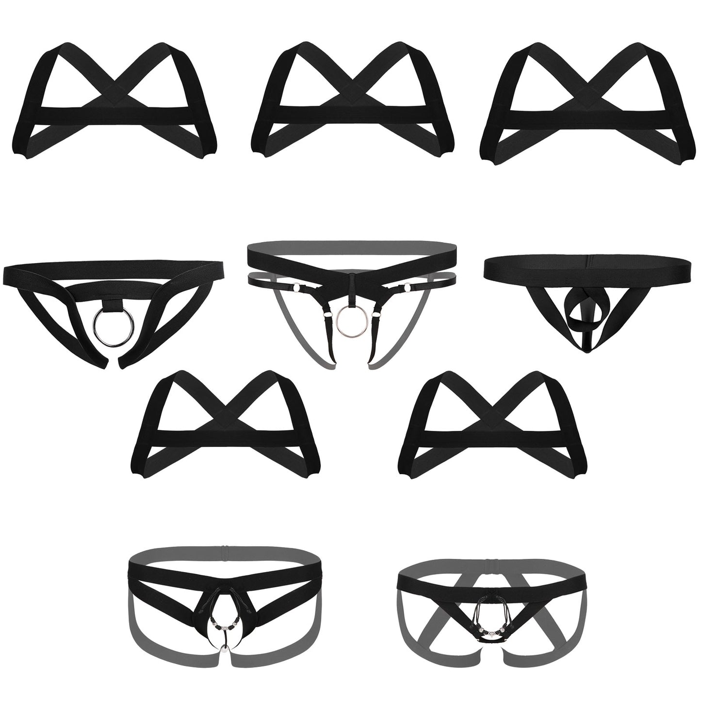 Mens Black X-Shape Back Elastic Shoulder 2Pcs Chests Muscle Harness Belt Straps with Low Rise Metal Crotchless T-back Underwears