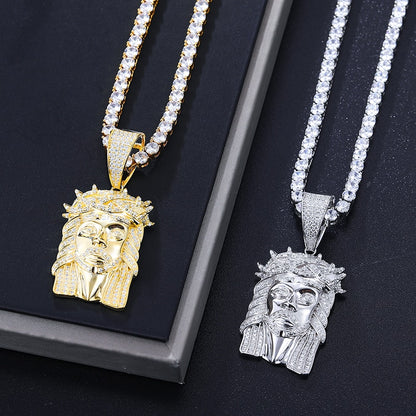 925 Sterling Silver Classic Personality Religious Style Unisex Gold Color Inlaid Moissanite Jesus Head Pendant Necklace For Men