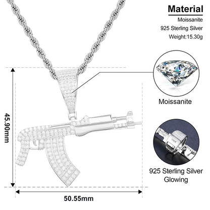 925 Sterling Silver Submachine Gun Pistol Pendant Sparkling Full Moissanite Diamond For Men Rapper Jewelry Trend Gifts