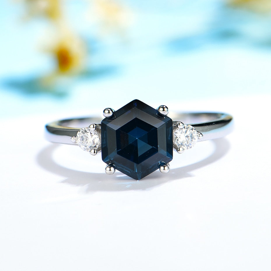 Hexagon London Blue Topaz Gemstone Ring for Women Solid 925 Sterling Silver Tanzanite Morganite Jewelry for Engagement