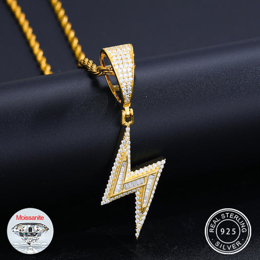 D Color Moissanite Men Hip Hop Lightning Pendant Necklace 925 Sterling Silver Baguette Stone Men Bling Hip Hop Jewelry Gifts