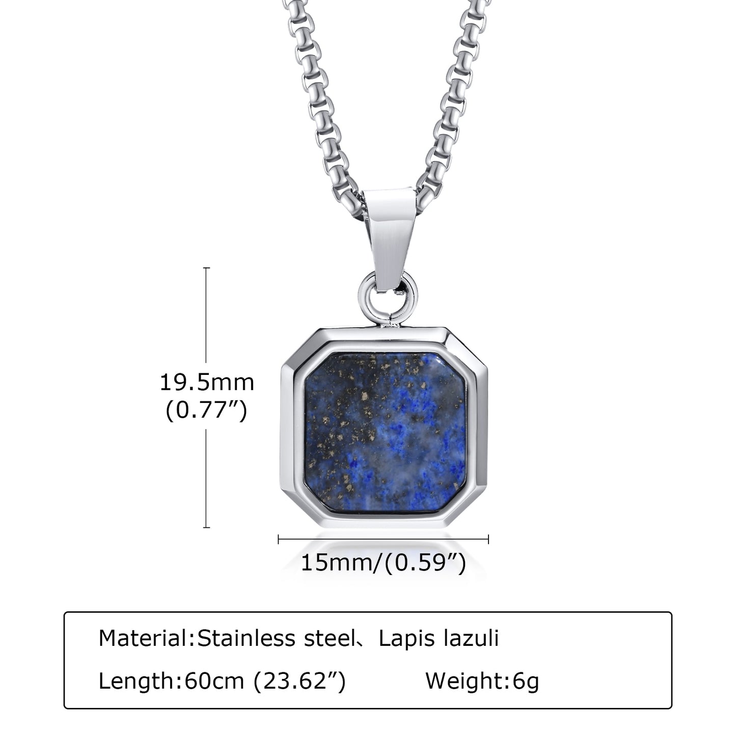 15mm Square Pendant Necklace for Men Enamel Lapis Lazuli Stone Pendant with Box Chain Simple Sport Neck Stainless Steel