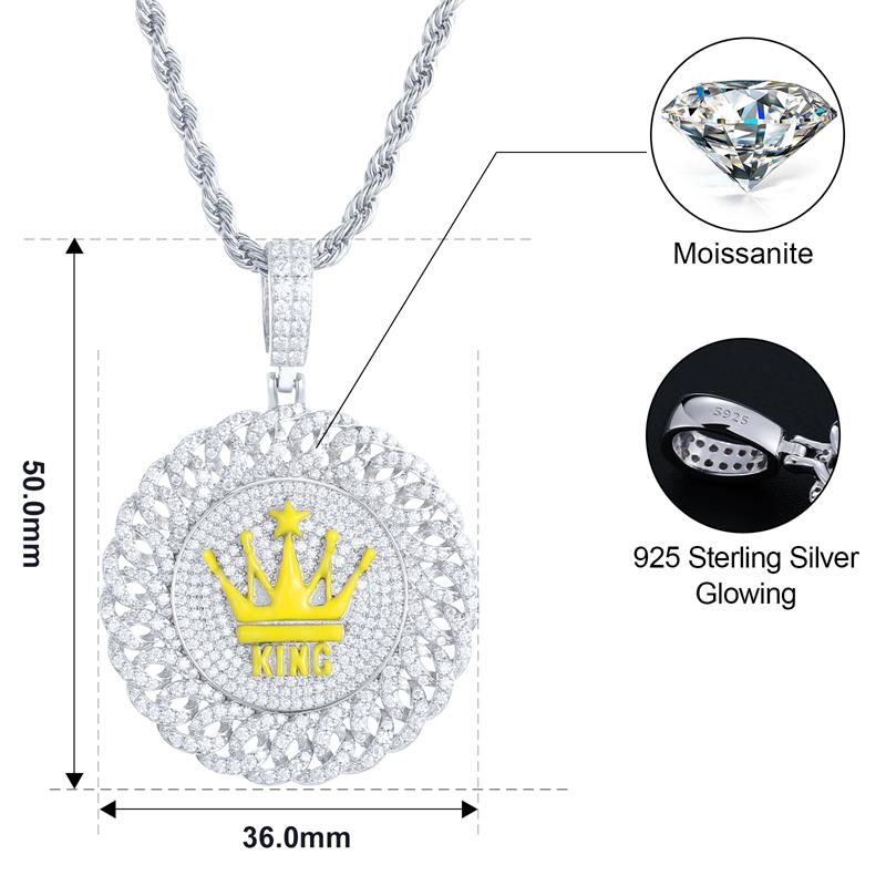 Real Moissanite Sparkling Full Diamond Round With Glowing Crown Pendant Ring Necklace Iced Out Women Men Hip Hop Jewelry Gifts