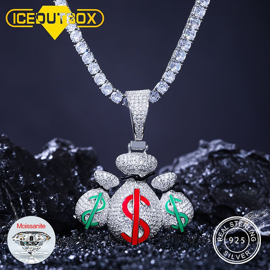 S925 3pcs Dollar Money Bag Pendant Necklace Iced Out Bling Moissanite $ Charm Fashion Hip Hop Men Jewelry 925 Sterling Silver