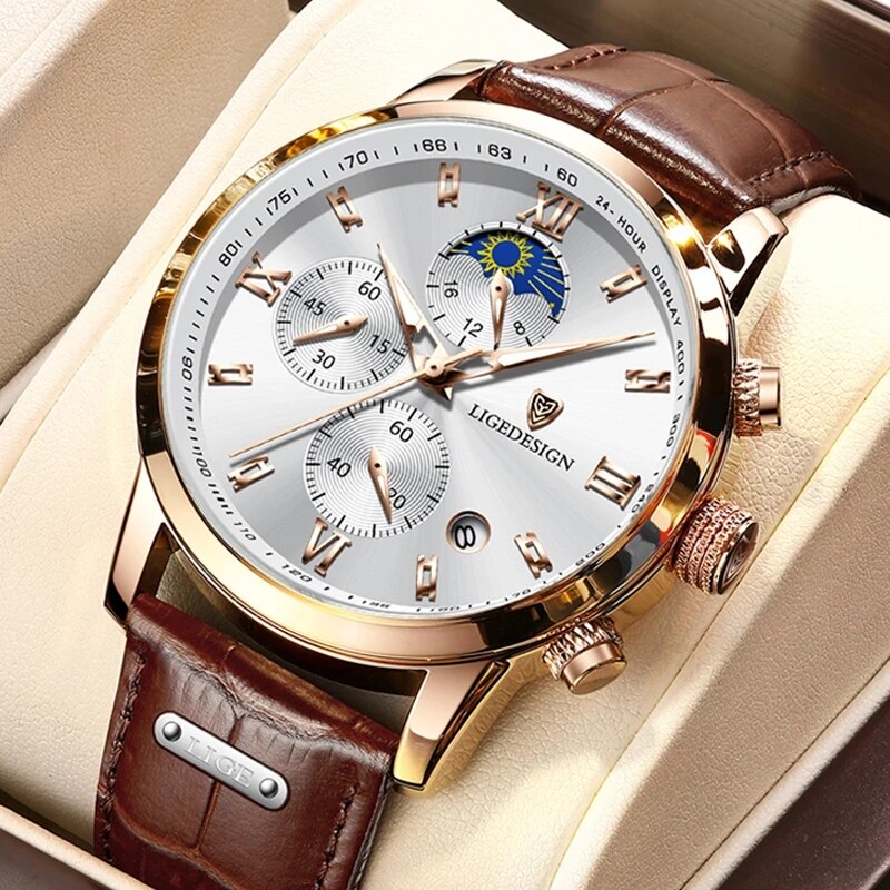 LIGE Casual Men Watch Luxury Leather Waterproof Sport Quartz Wristwatch Chronograph Military Watch for Men