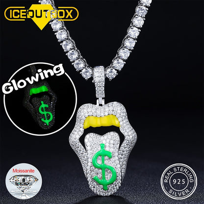 Hip Hop Iced Out Moissanite Sexy Mouth Lip Dripping Money Dollar Pendant 925 Silver Glowing In Dark Men Women Jewelry