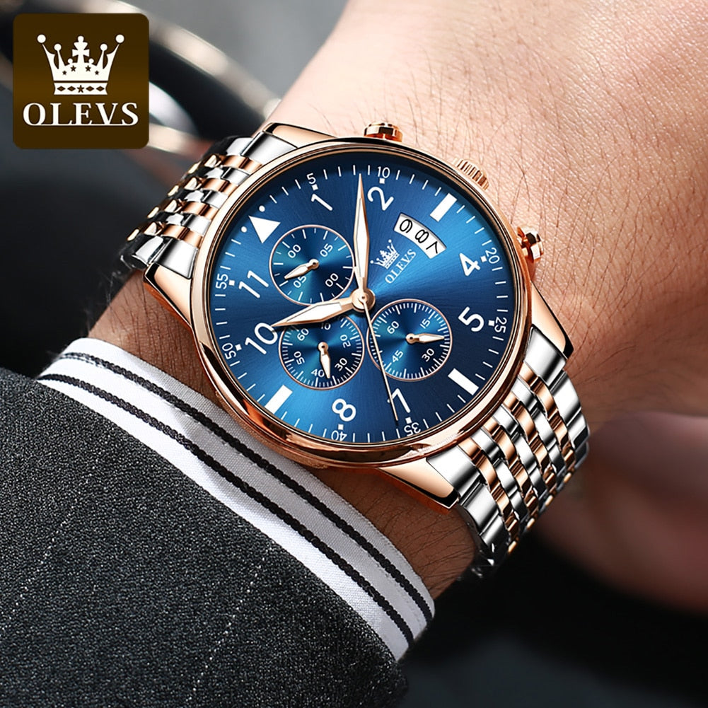 OLEVS Fashion Mens Watches Top Brand With Stainless Steel Luxury Sports Chronograph High Quality Quartz Watch Men