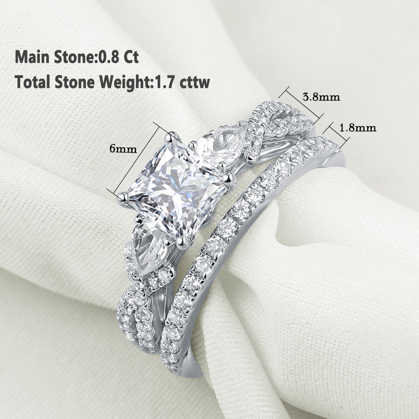 2 Pcs Wedding Ring Set 925 Sterling Silver 1.7 Ct Princess Pear Cut AAAAA CZ Engagement Rings for Women Trendy Jewelry