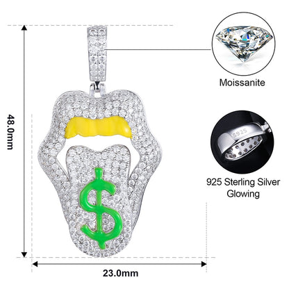 Hip Hop Iced Out Moissanite Sexy Mouth Lip Dripping Money Dollar Pendant 925 Silver Glowing In Dark Men Women Jewelry