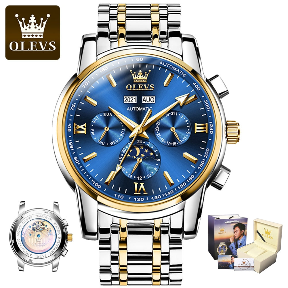 OLEVS Luxury Men's Wrist Watches Automatic Mechanical Watch for Men Top Original Moon Phase Waterproof Stainless Steel Man Watch