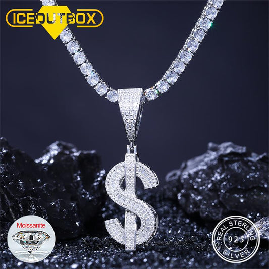 Bling Moissanite Dollar Pendant Necklace For Men Women 925 Sterling Silver Iced Out Choker Necklaces Hiphop Rap Rock Jewelry