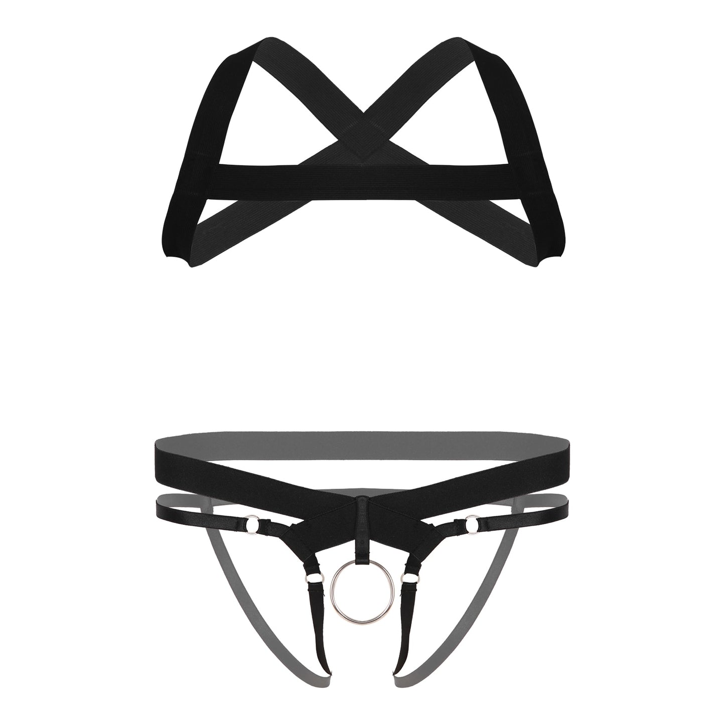 Mens Black X-Shape Back Elastic Shoulder 2Pcs Chests Muscle Harness Belt Straps with Low Rise Metal Crotchless T-back Underwears