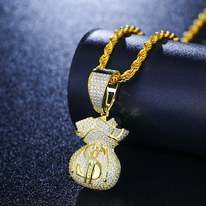 New D Color VVS Moissanite Lucky Money Bag Pendant Necklace 925 Sterling Silver Women Men's Hip Hop Rock Jewelry Rich Jewelry