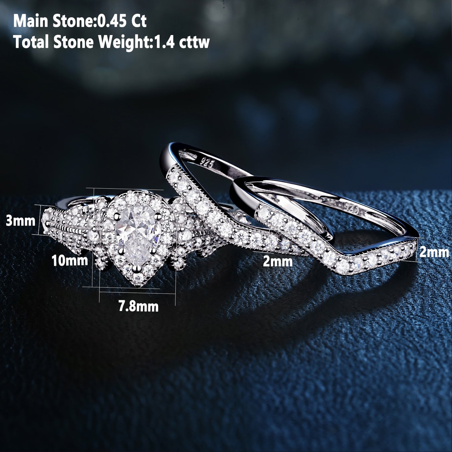 3 Pcs 925 Sterling Silver Wedding Rings for Women 1.4 Ct Pear Shape AAAAA CZ Engagement Ring Set Classic Jewelry NR5015