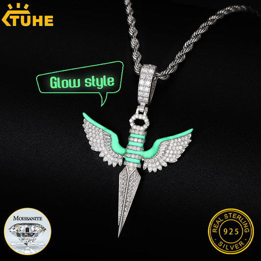 Classic Angel Wings Glow Style Pendant S925 For Men Necklace Cuban Chain With Moissanite Pendant Hip Hop Jewelry Gift